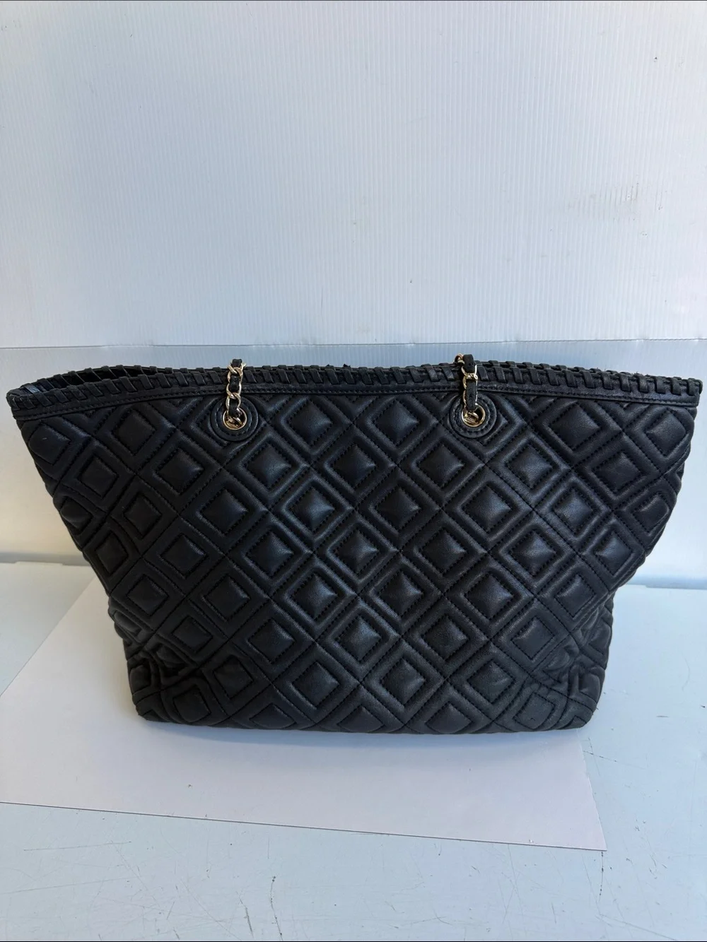 Tory Burch Black Quilted Leather Marion Tote Gold Hardware Bag Purse Luxury